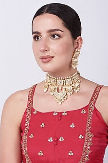 Gold Plated Kundan Polki & Pearl Choker Necklace Set