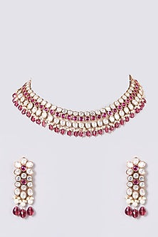 Gold Finish Kundan Polki & Pink Stone Necklace Set