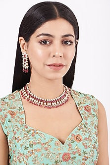 Gold Finish Kundan Polki & Pink Stone Necklace Set