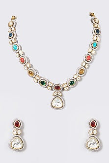 Black Rhodium Finish Navratna Stone Necklace Set
