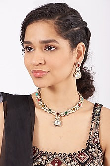 Black Rhodium Finish Navratna Stone Necklace Set