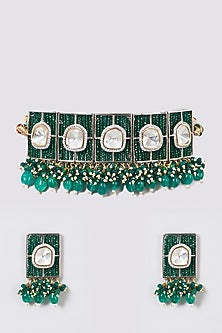 Gold Finish Kundan Polki & Green Stone Choker Necklace Set