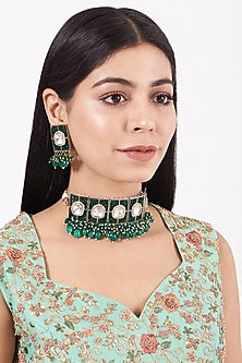 Gold Finish Kundan Polki & Green Stone Choker Necklace Set