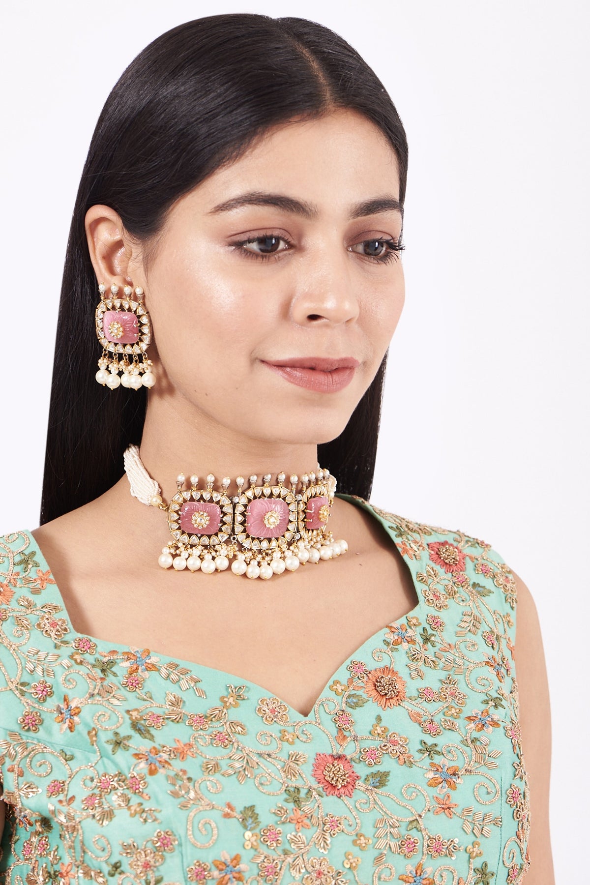 Gold Plated Kundan Polki & Pearl Choker Necklace Set