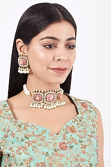 Gold Plated Kundan Polki & Pearl Choker Necklace Set