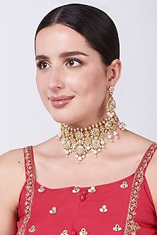 Gold Plated Kundan Polki & Pearl Choker Necklace Set