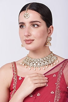 Gold Plated Kundan Polki & Pearl Choker Necklace Set
