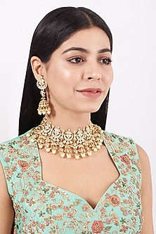 Gold Plated Pearl & Kundan Polki Choker Necklace Set