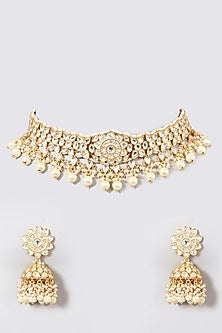 Gold Plated Kundan Polki & Pearl Drop Necklace Set