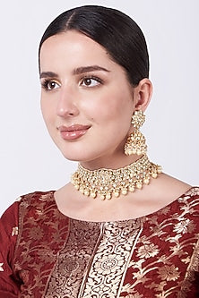 Gold Plated Kundan Polki & Pearl Drop Necklace Set