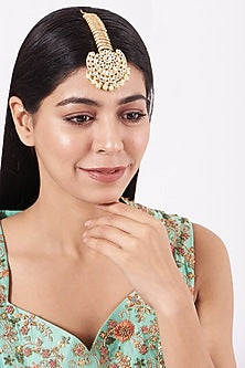 Gold Finish Kundan Polki & Pearl Maang Tikka