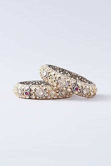 Black Rhodium Finish White Kundan Polki Kadas (Set Of 2)