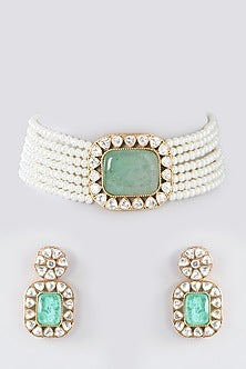Gold Plated Mint Green Stone & Kundan Polki Choker Necklace Set