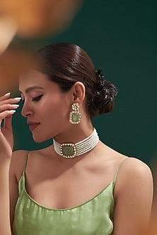 Gold Plated Mint Green Stone & Kundan Polki Choker Necklace Set