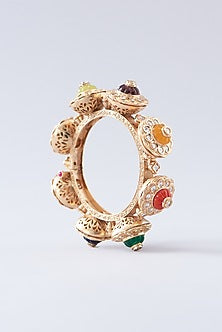 Gold Plated Navratna Stone & Kundan Polki Pacheli Kada