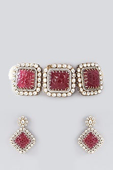 Gold Plated Deep Pink Kundan Polki & Pearl Choker Necklace Set