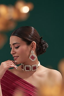 Gold Plated Deep Pink Kundan Polki & Pearl Choker Necklace Set