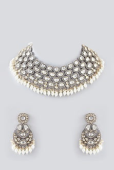 Gold Plated White Kundan Polki & Pearl Necklace Set
