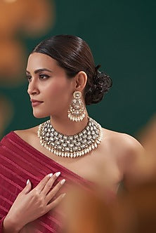 Gold Plated White Kundan Polki & Pearl Necklace Set