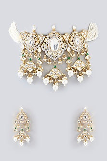 Gold Plated White Kundan Polki & Pearl Choker Necklace Set