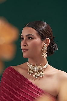 Gold Plated White Kundan Polki & Pearl Choker Necklace Set