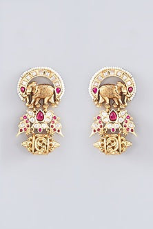 Gold Plated Kundan Polki & Ruby Dangler Earrings