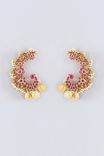 Gold Plated Kundan Polki & Ruby Paisley Earrings