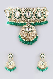 Gold Plated Emerald & Kundan Polki Choker Necklace Set