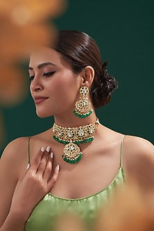 Gold Plated Emerald & Kundan Polki Choker Necklace Set