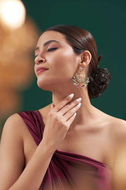 Gold Plated Kundan Polki & Pearl Chandbali Earrings