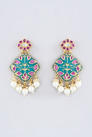 Gold Plated Green Kundan Polki & Ruby Dangler Earrings