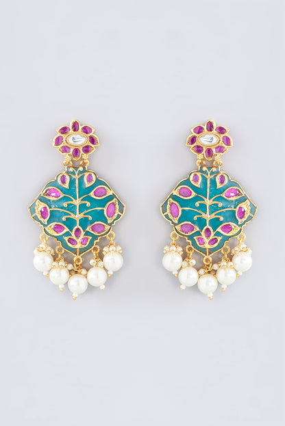 Gold Plated Green Kundan Polki & Ruby Dangler Earrings