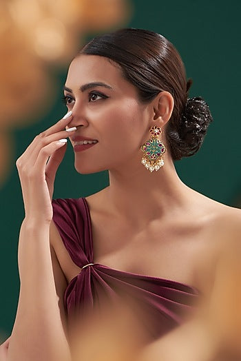 Gold Plated Green Kundan Polki & Ruby Dangler Earrings