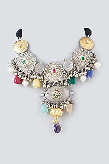 Oxidized Finish Multi-Colored Stone & Kundan Polki Necklace