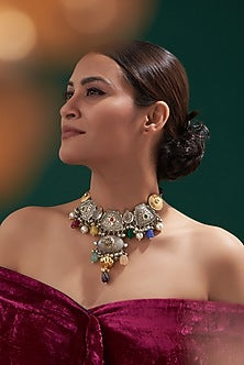 Oxidized Finish Multi-Colored Stone & Kundan Polki Necklace