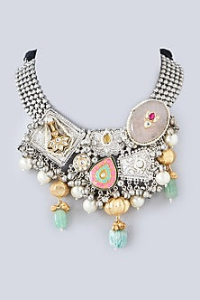 Oxidized Finish Multi-Colored Stone & Kundan Polki Necklace
