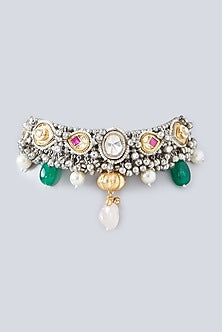 Oxidized Finish Multi-Colored Stone & Kundan Polki Choker Necklace