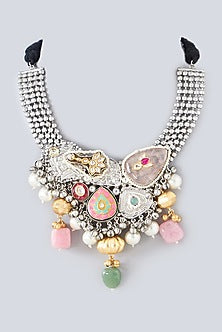Oxidized Finish Multi-Colored Stone & Kundan Polki Necklace