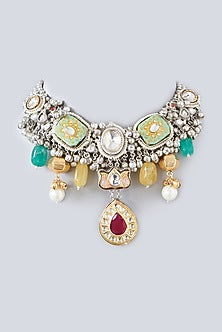 Oxidized Finish Multi-Colored Stone & Kundan Polki Necklace