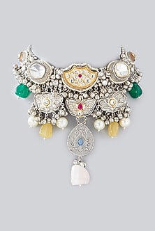 Oxidized Finish Multi-Colored Stone & Kundan Polki Necklace