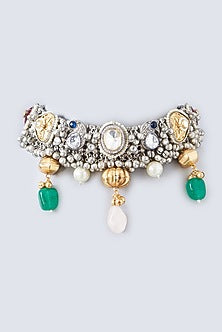 Oxidized Finish Multi-Colored Stone & Kundan Polki Choker Necklace