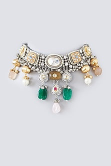 Oxidized Finish Multi-Colored Stone & Kundan Polki Choker Necklace