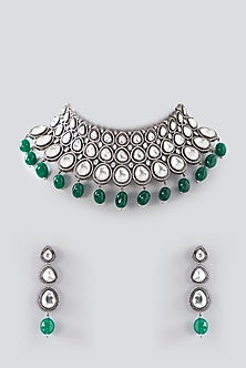 Black Rhodium Finish Kundan Polki & Green Pearl Necklace Set