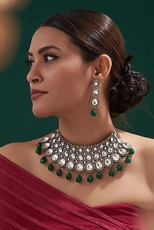 Black Rhodium Finish Kundan Polki & Green Pearl Necklace Set