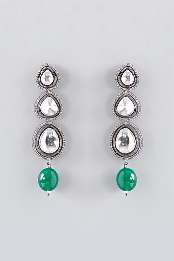 Black Rhodium Finish Kundan Polki & Green Pearl Necklace Set