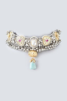 Oxidised Finish Kundan Polki & Natural Stone Choker Necklace