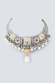 Oxidised Finish Kundan Polki & Natural Stone Choker Necklace