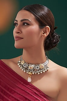 Oxidised Finish Kundan Polki & Natural Stone Choker Necklace