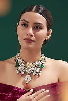 Oxidised Finish Kundan Polki & Natural Stone Necklace