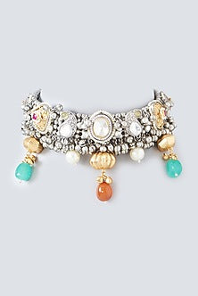 Oxidised Finish Kundan Polki & Natural Stone Choker Necklace